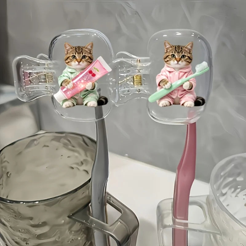 Cute Kitten Toothbrush Head Cover 2pcs Storage Box Portable Bathroom Accessory for Home Business Travel Daily Use Outdoor Trips