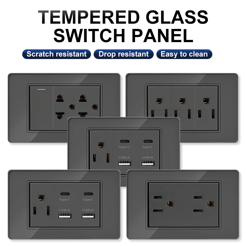 118*75mm Tempered Glass Socket US Wall Socket Thai USB Socket Plug with Dual USB Type-C Ports,Light Switch 110V
