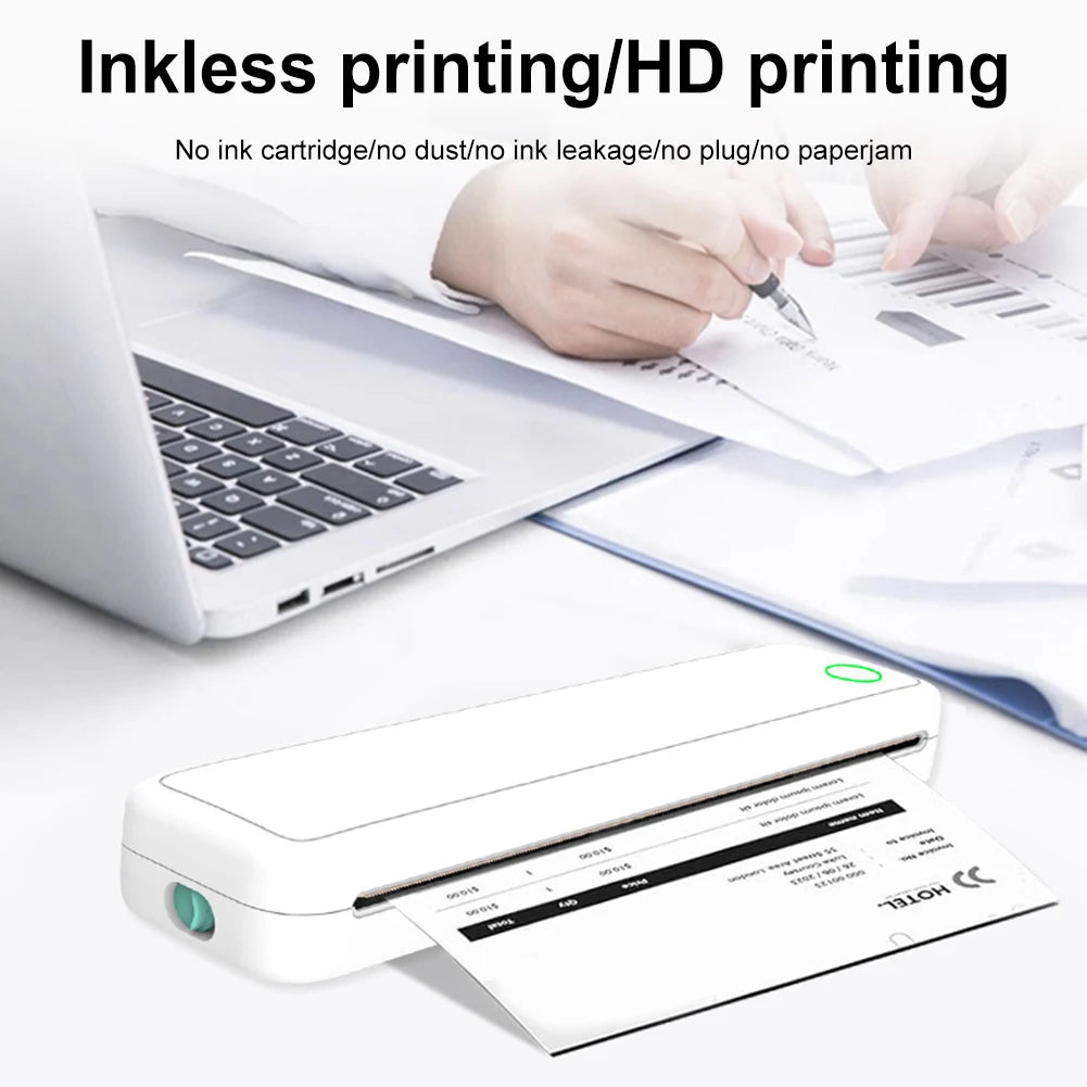 New Portable Mini A4 Printer No Ink Printing A4 Thermal Printer for Phone PC Tattoo Transfer Printer or 5PK Thermal Paper Rolls