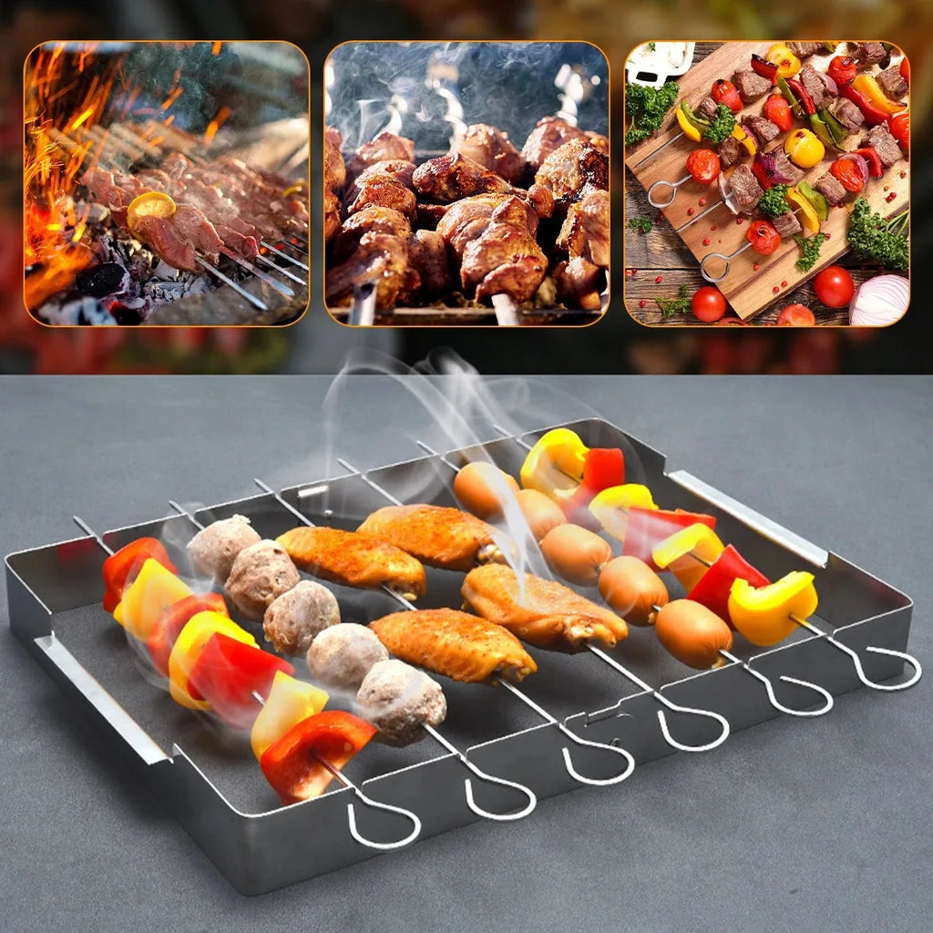 BBQ Skewer Rack Stainless Steel BBQ Metal Skewers Foldable Rotating Rotisserie Grill Rack with 6 Skewers for Outdoor Grills Tool