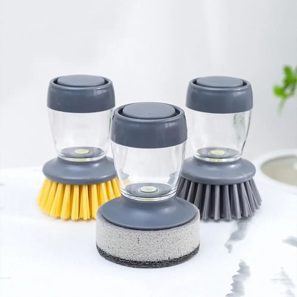 Upright Liquid Adding Pot Washing Brush Detachable Replaceable Brush Head Soap Dispensing Dish Washing Brush Grey