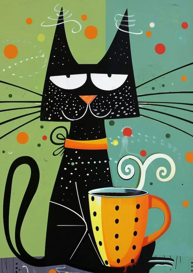 Whimsical Black Cat Drink Coffee Poster For Bedroom Nursery Cartoon Animal Canvas Painting Cute Cat Illustration Print Wall Art