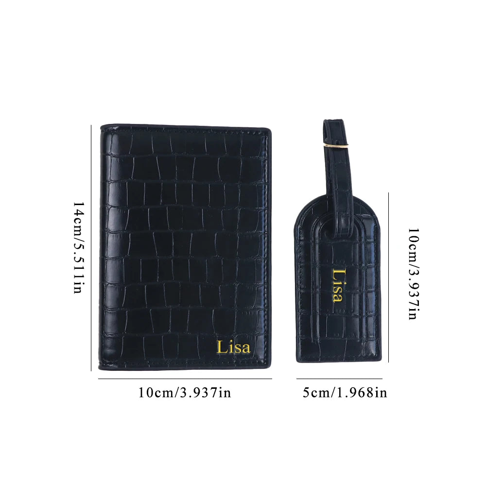 Customized Name PU Leather Crocodile Skin Pattern Luggage Tag + Passport Holder Gift Box Bag Accessories