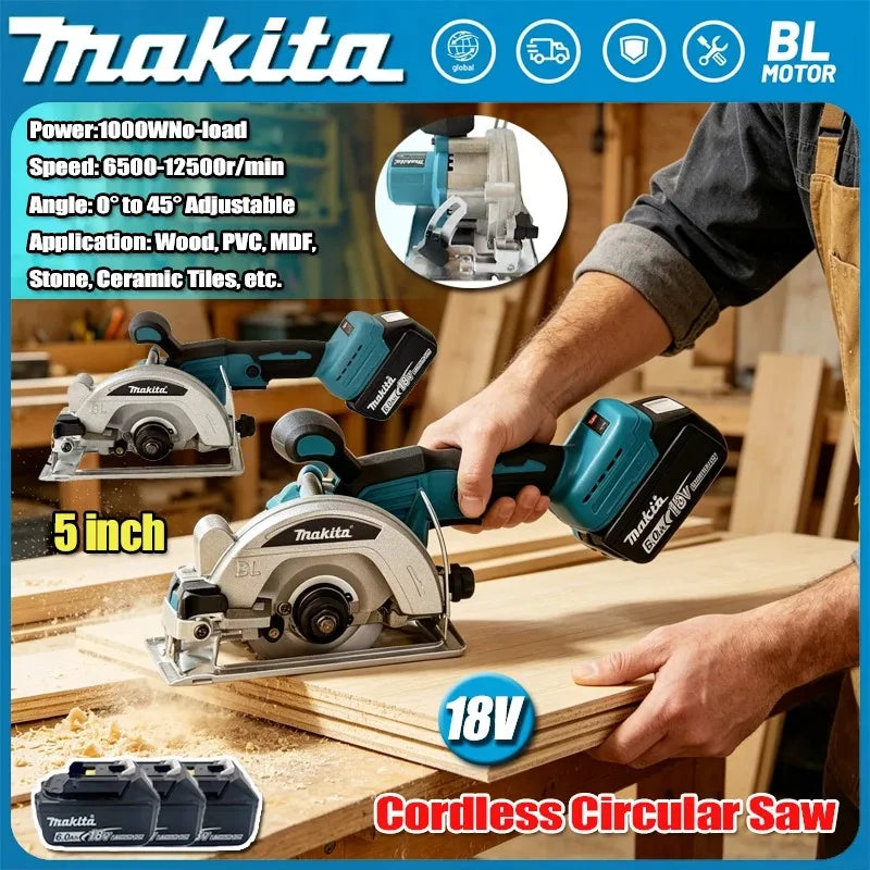 Makita 5in Brushless Motor Cordless Electric Circular Saw Rechargeable Handheld Wood Stone Adjustable Circular Cutter Saw