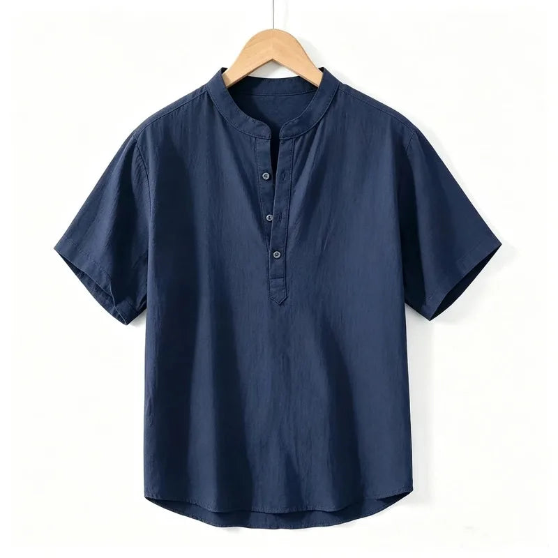2026 summer cross-border men cotton and polyser stand collar short sleeved shirt loose casual Henley shirt for men