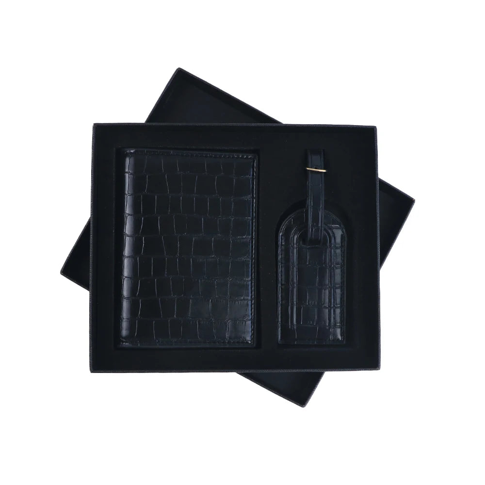 Customized Name PU Leather Crocodile Skin Pattern Luggage Tag + Passport Holder Gift Box Bag Accessories
