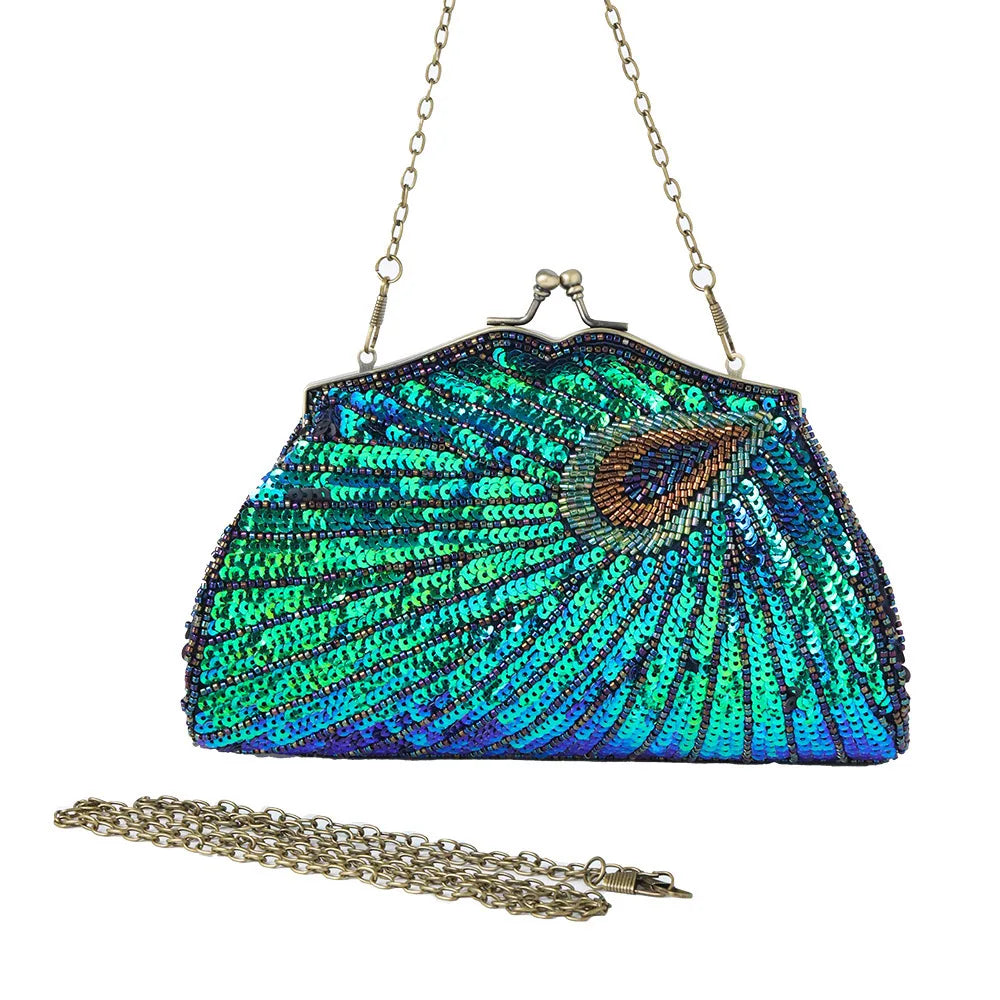 Lost in Vinatge Evening Bag with Sparkly Glitzy Turquoise Peacocks Beading Clutch with Antique Gold Hardware and Black Silky Bag