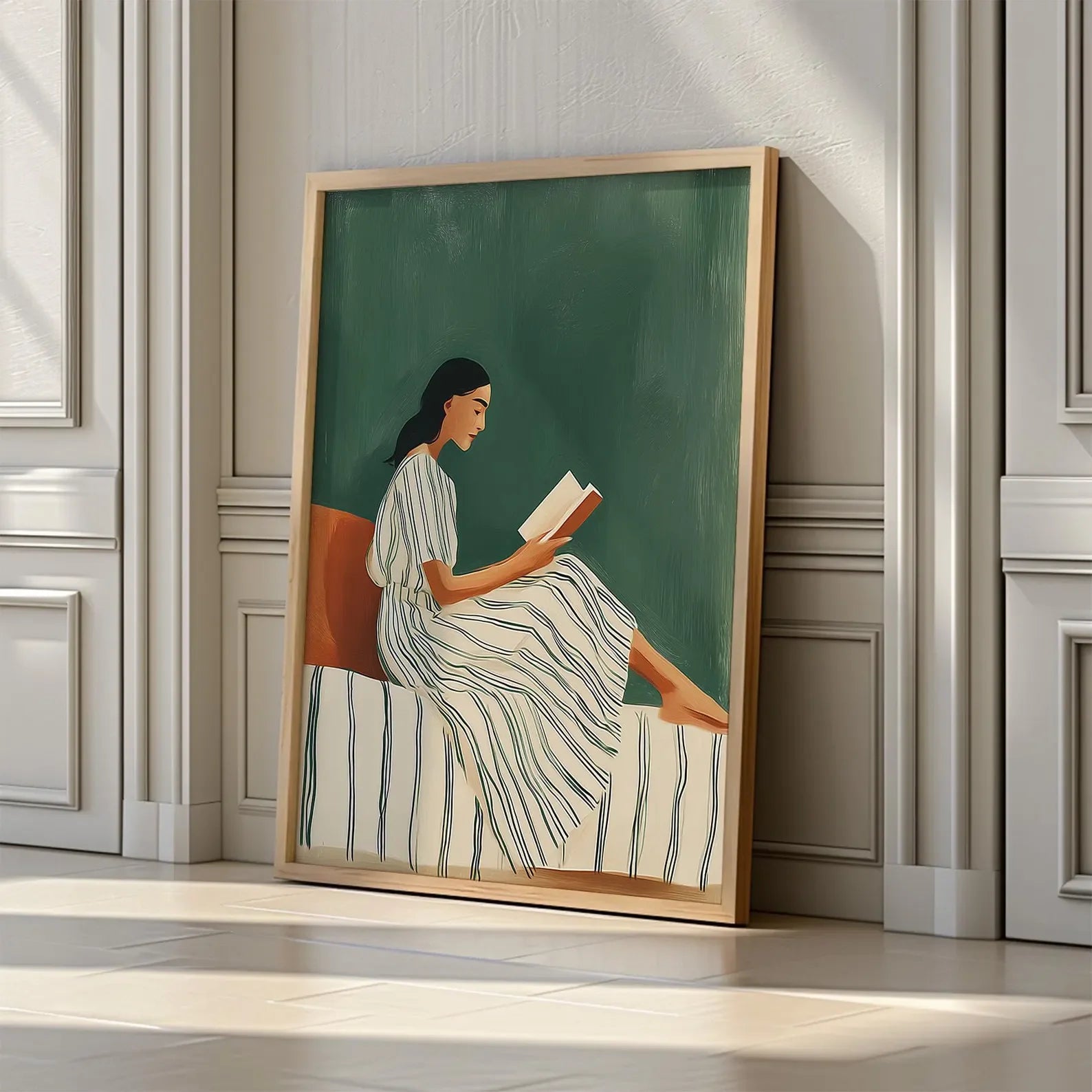 Emerald Green Woman Reading Folder Print Minimalist Abstract Canvas Wall Decor Unframed