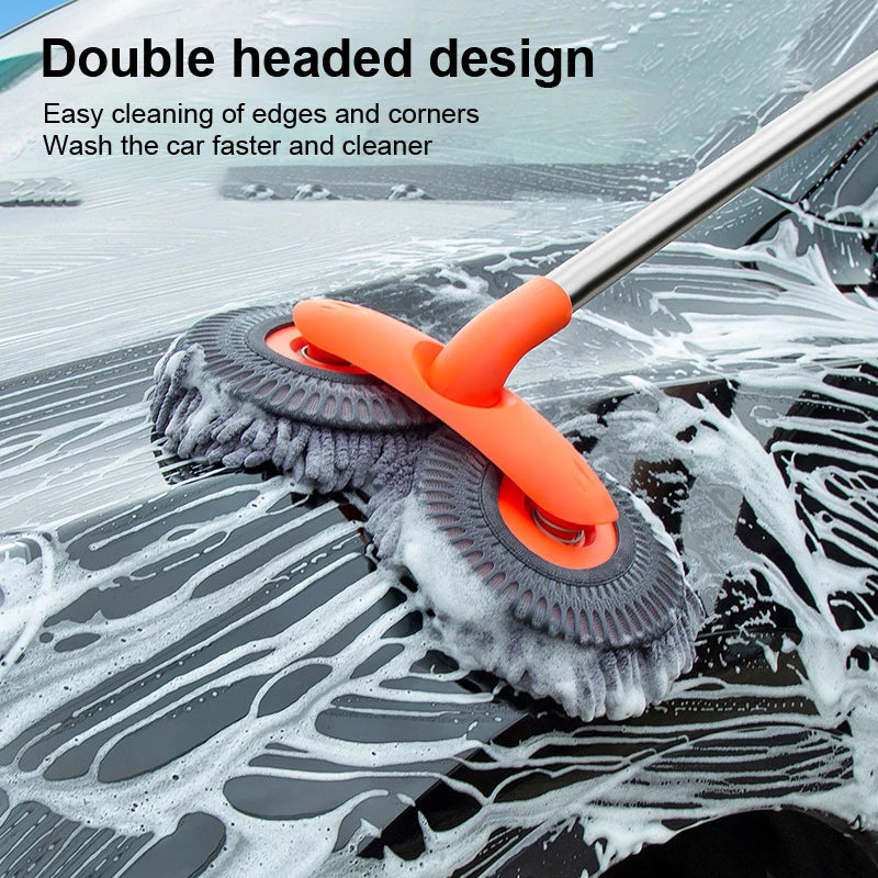Double Brush Head Rotating Car Wash Mop Three-Section Telescopic Mop Roof Window Cleaning Maintenance Auto Supplies Accessories