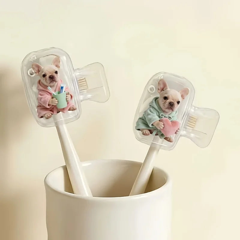 2pcs Cute French Bulldogs Portable Dustproof Odorless Toothbrush Case Travel Sets with Ventilation Holes to Keep Clean and Dry