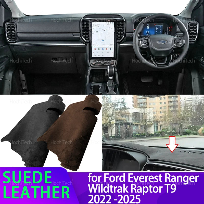 Car Suede Leather Dashboard Cover Dash Mat Carpet Cape Cushion Dashmat Pad for Ford Everest Ranger Wildtrak Raptor T9 2022-2025