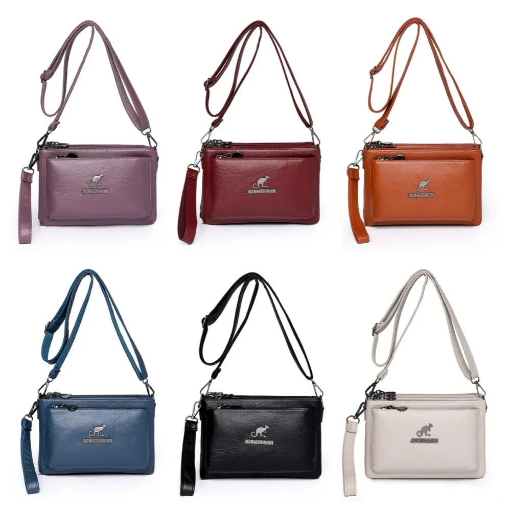 Soft Multiple Zip Pockets Shoulder Bag Waterproof Large Capacity PU Leather Crossbody Bag Simple Solid Color Square Phone Bag