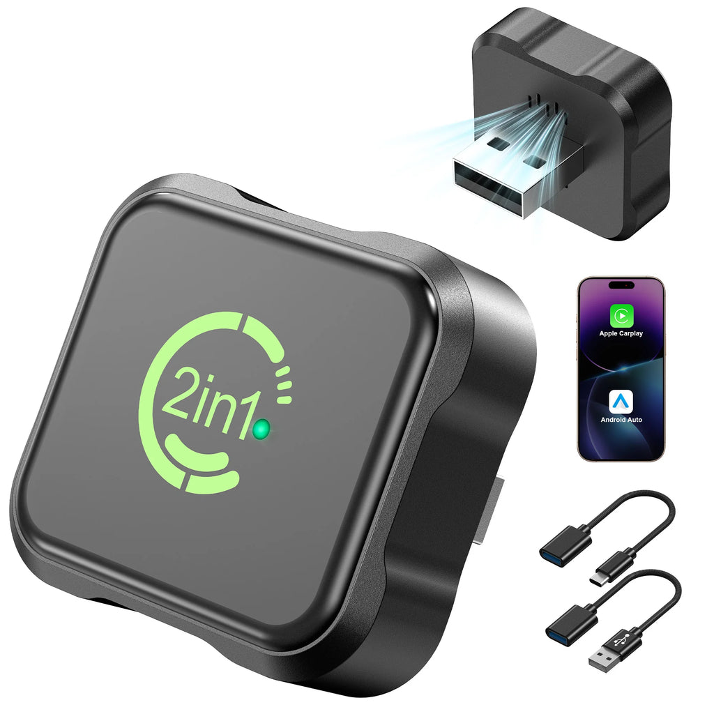 2026 Upgraded Wireless CarPlay & Android Auto Adapter, 2-in-1 Mini Size Plug and Play Adapter for iPhone & Android Auto, Seamless Connection for Convert Wired to Wireless Car Play, USB/USB-C Port