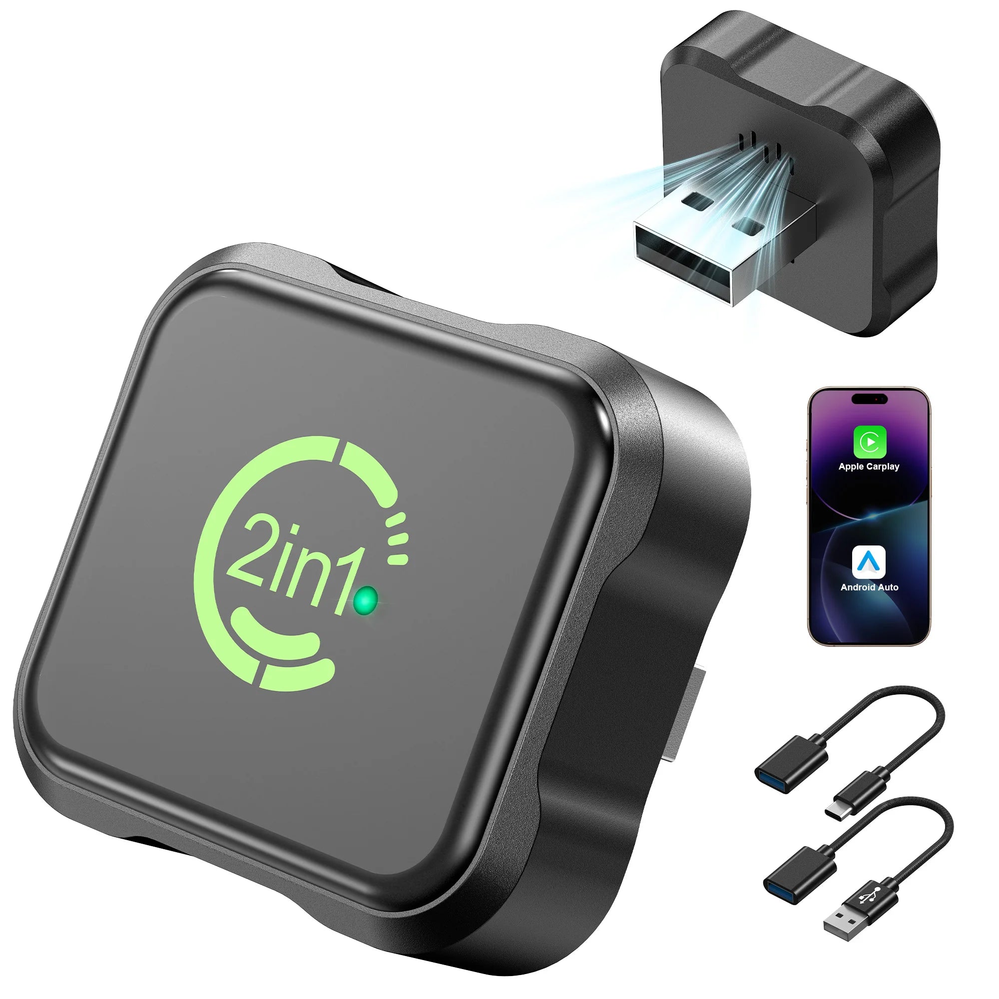 2026 Upgraded Wireless CarPlay & Android Auto Adapter, 2-in-1 Mini Size Plug and Play Adapter for iPhone & Android Auto, Seamless Connection for Convert Wired to Wireless Car Play, USB/USB-C Port