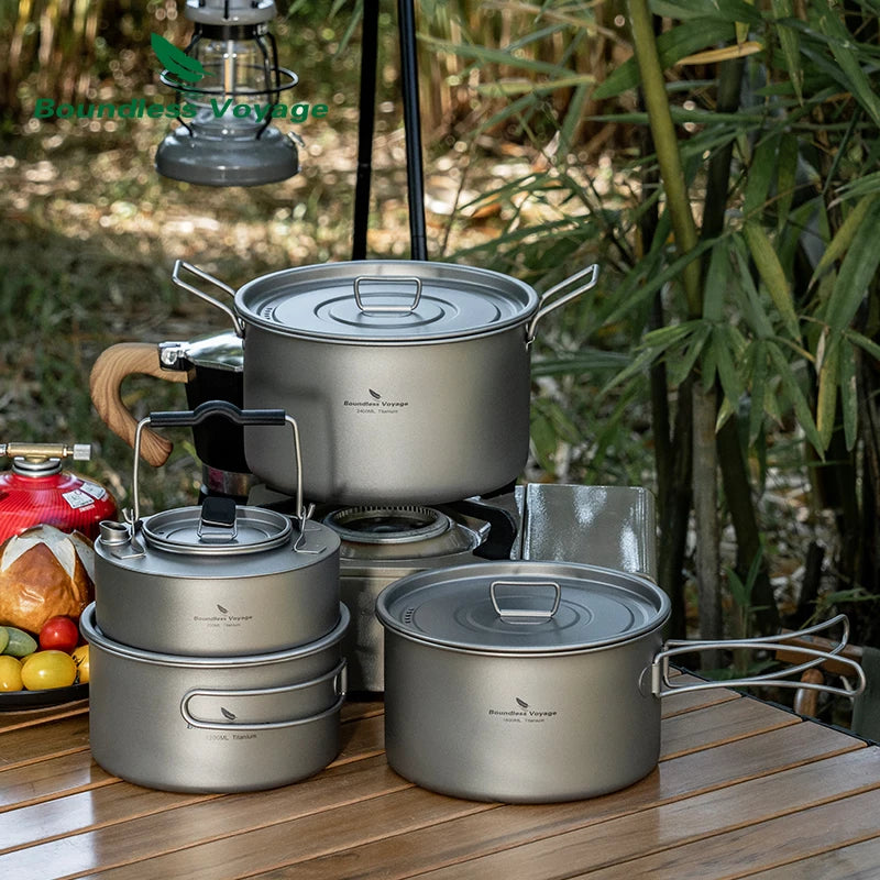 Boundless Voyage 1.2L 1.8L 2.4L Titanium Pot 0.7L Camping Kettle Cookware Outdoor Portable Stackable Ultralight Cooking Mess Kit