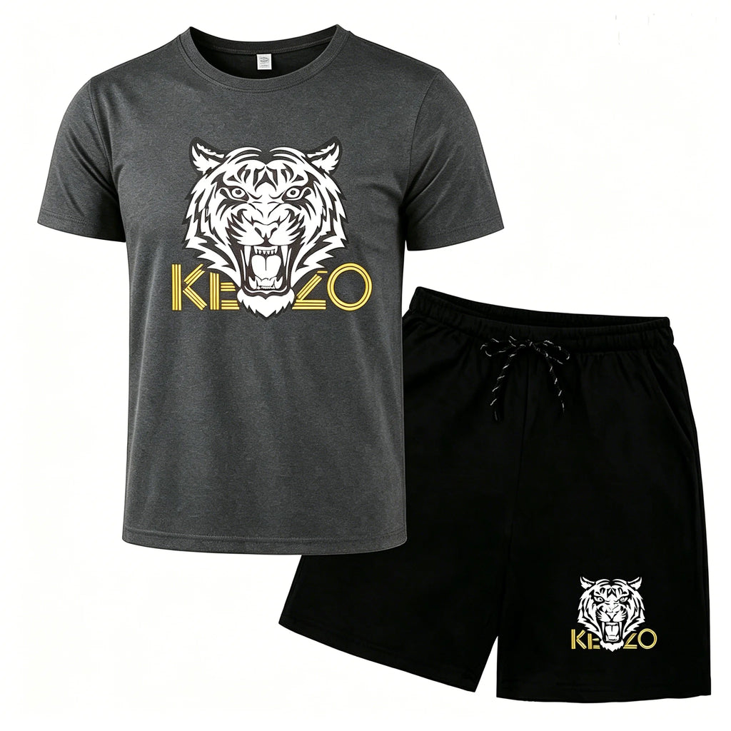 Summer new tiger head print casual suit men's short sleeved T-shirt+shorts two-piece set