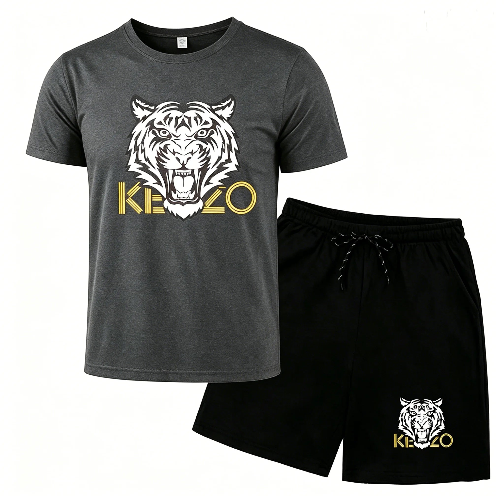 Summer new tiger head print casual suit men's short sleeved T-shirt+shorts two-piece set