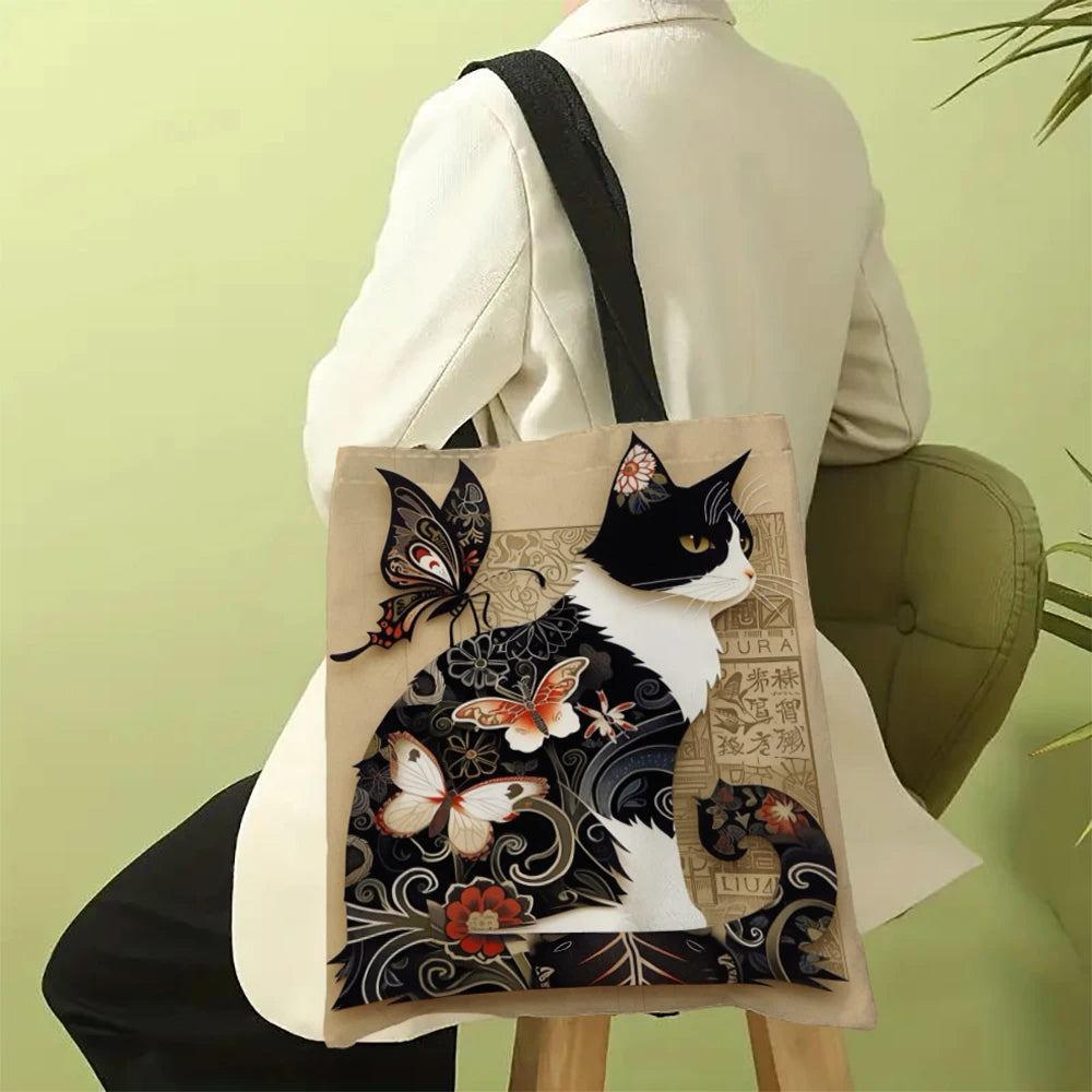 Classic Black And White Cat Tote Bag With Cat Print, Reusable Shoulder Shopping Beach Bag For Women, Durable Casual Carryall