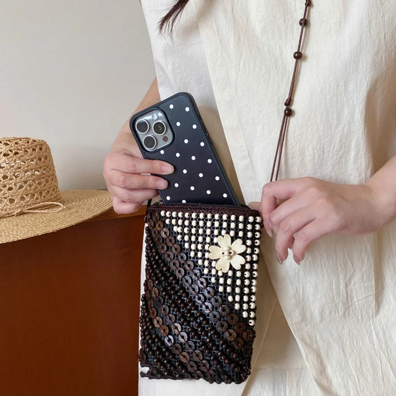 Bohemian Mini Phone Bag Women Summer Flower Coconut Shell Woven Bags 2026 New Thailand Vietnam Travel Tribal Style Coins Purse