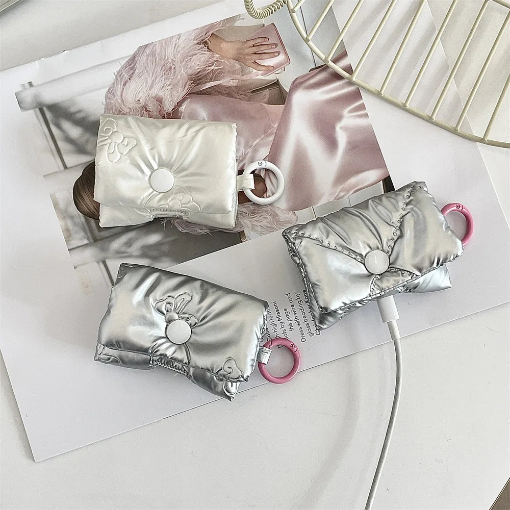 New Cute Heart Earphone Bag for Women Soft PU Leather Bow Headphone Storage Bag Silver Bluetooth Headset Earphone Case Gifts