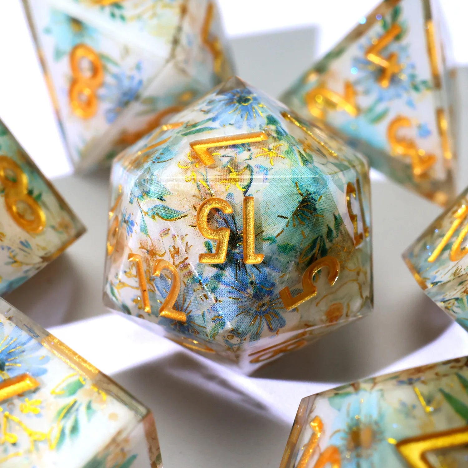 Enchanting DND Dice Set with Ocean Wave & Peach Blossom Designs-Perfect for Board Game,RPG & Tabletop Gaming Adventures-F2