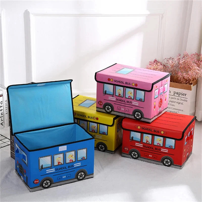 Cartoon School Bus-Themed Children's Toy Storage Box: Large-Capacity, Foldable Storage Box with Lid for Home and Travel