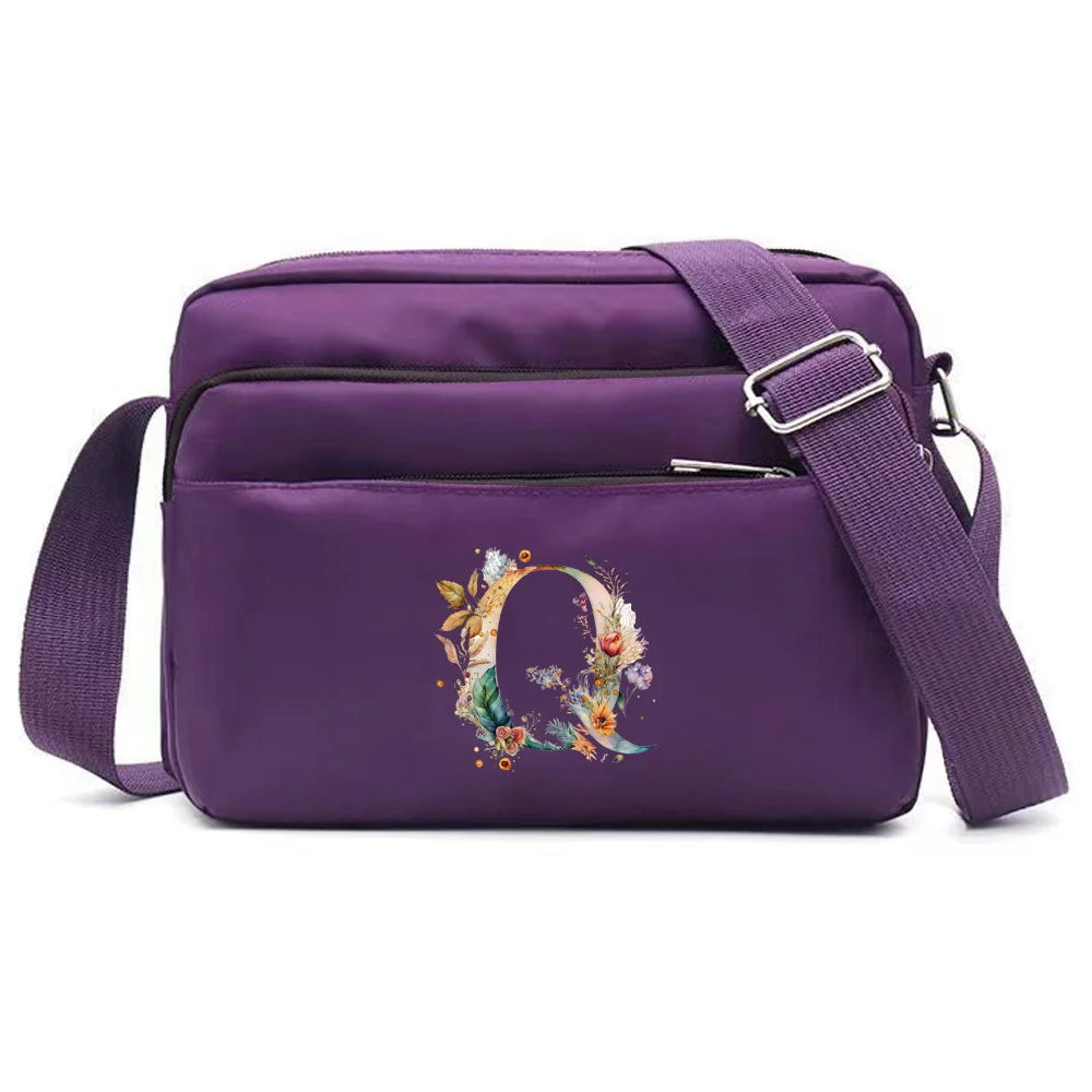 Leisure Purple One Shoulder Crossbody Bag Portable Commuting Large Capacity Floral Letter Series Printing Pattern Storage Bag
