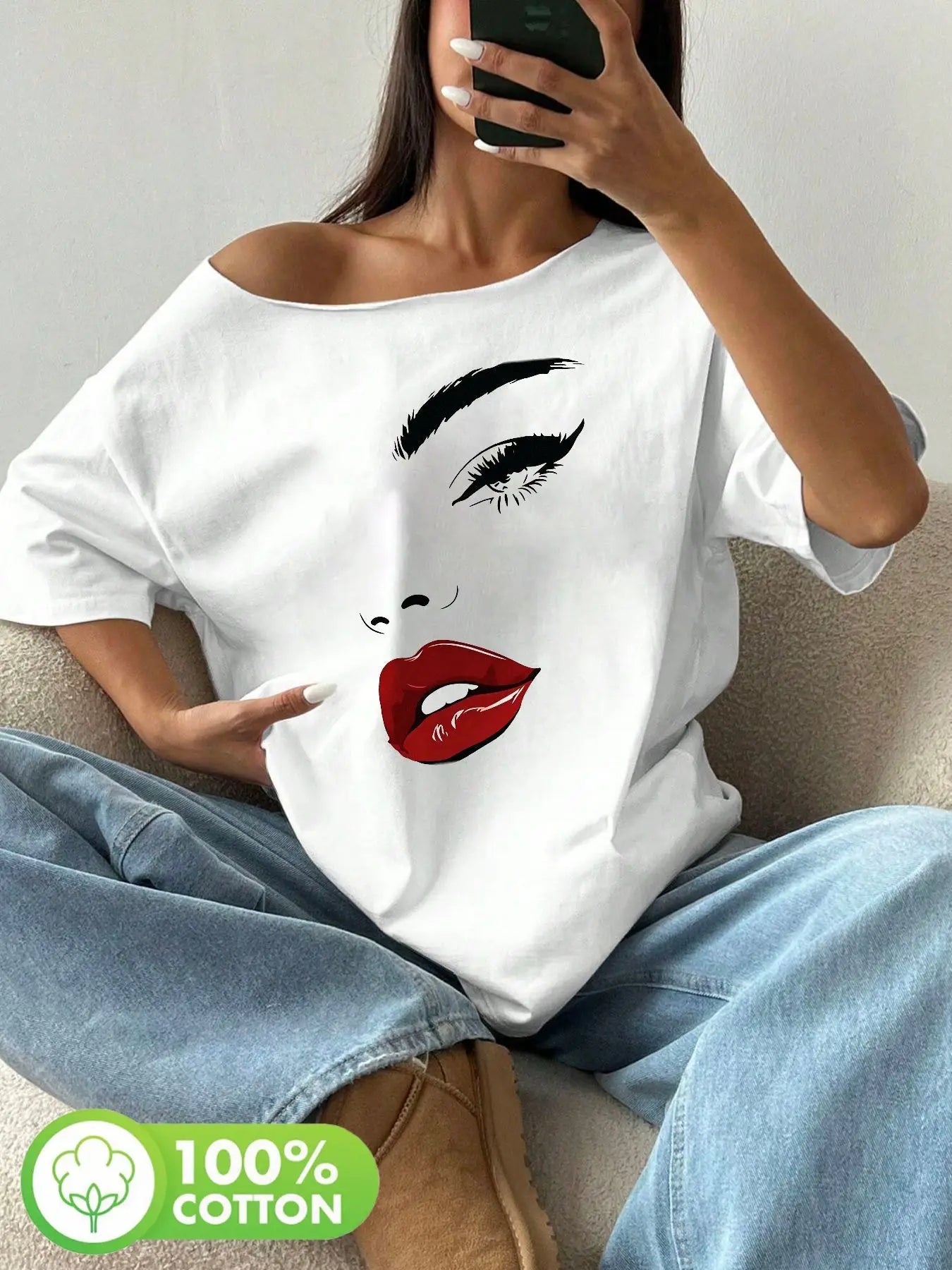 Plus Size Women's Y2K Style Graphic T-Shirt, Bold Pop Art Face Print with Glossy Lips and Dark Eyes, 100% Cotton Shoulder Loo