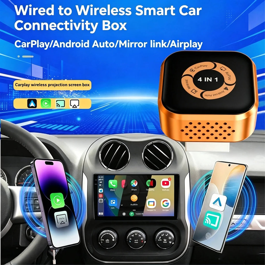 2026 Wireless Carplay Adapter 4in1 Android Auto Connect Airplay Mirror Link Screen USB Plug&Play for Apple and Android CarPlay