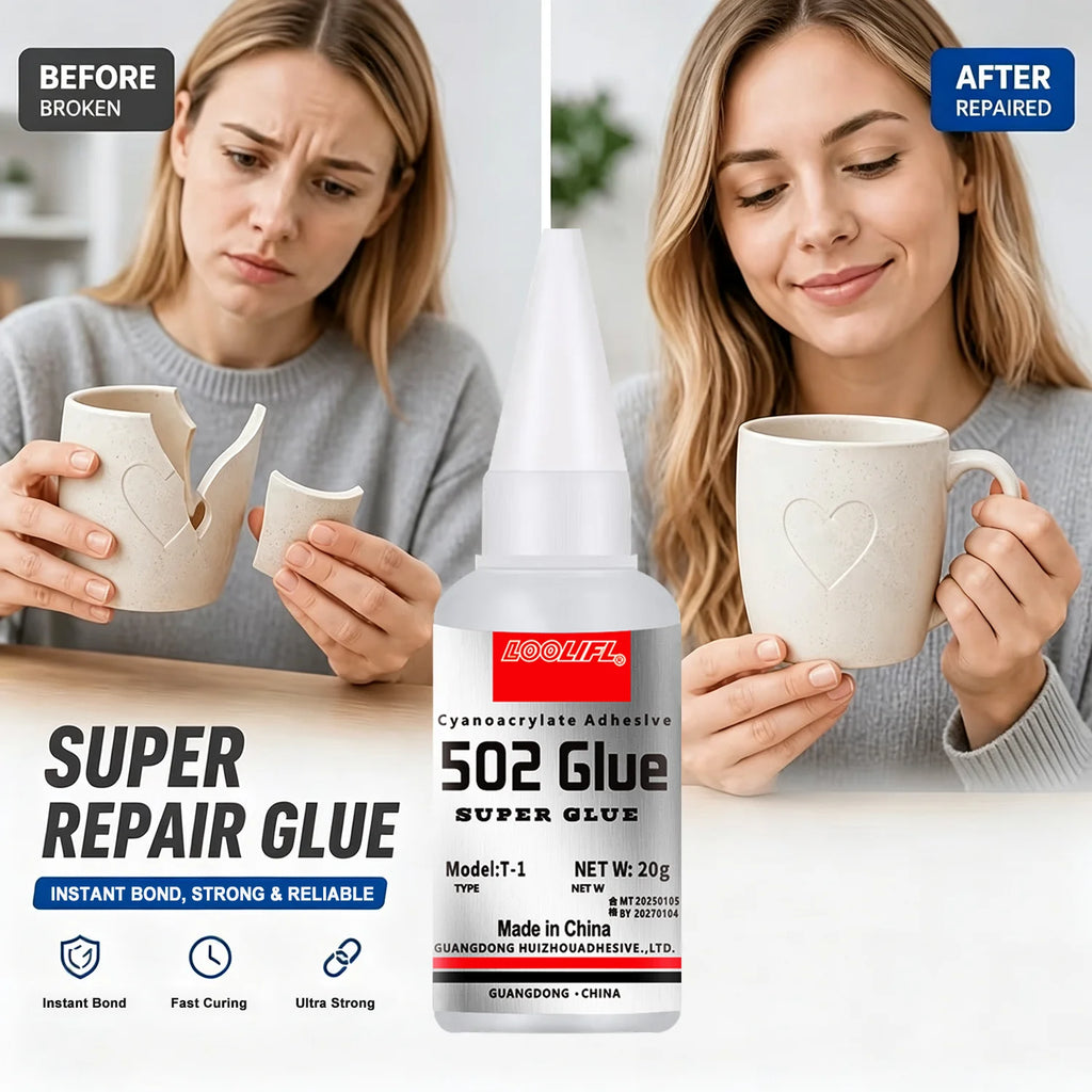 Loolifl 502 Strong Instant Adhesive, Cyanoacrylate Adhesive, Transparent and Traceless, Fast and Firm Bonding, Precise Application with a Fine Nozzle; Suitable for Plastic, Metal, Wood, Rubber, Shoe Repair, Universal All-Purp
