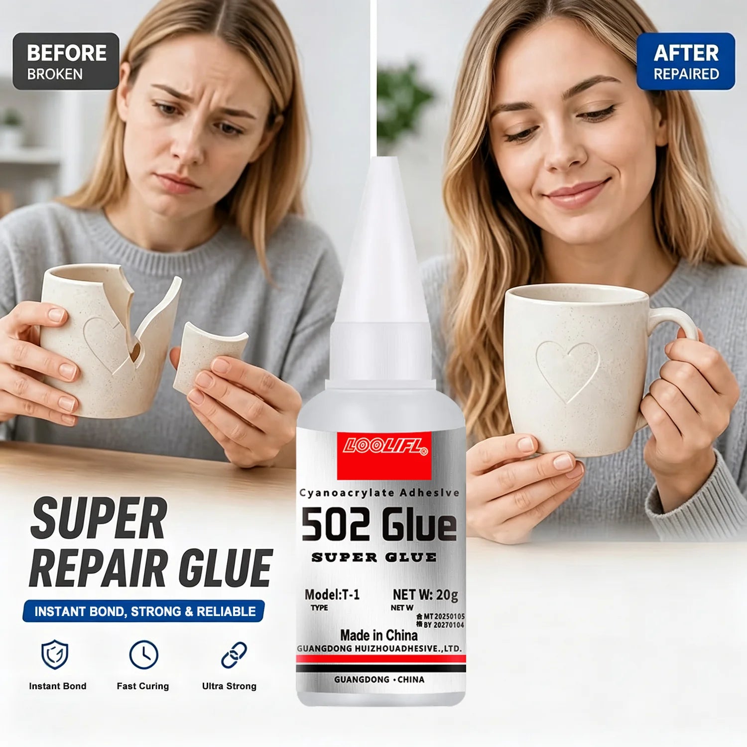 Loolifl 502 Strong Instant Adhesive, Cyanoacrylate Adhesive, Transparent and Traceless, Fast and Firm Bonding, Precise Application with a Fine Nozzle; Suitable for Plastic, Metal, Wood, Rubber, Shoe Repair, Universal All-Purp