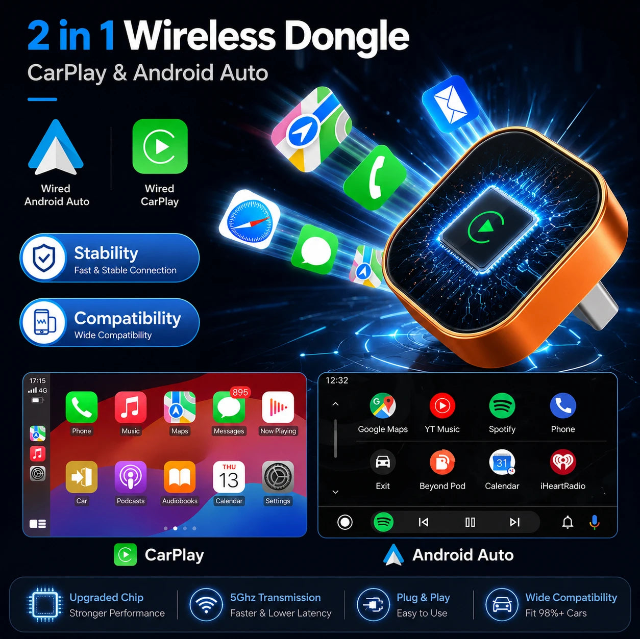 2026 New Style Mini Wireless Carplay Adapter Android Auto Dongle Smallest Portable Compact Vehicle Smart Box