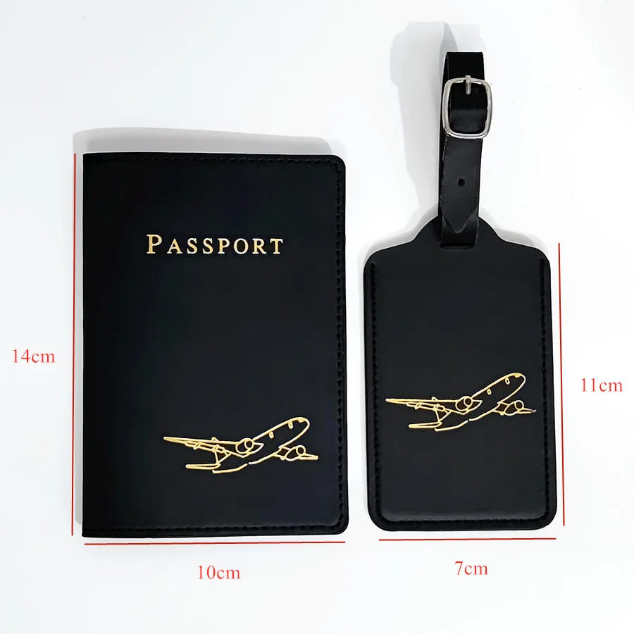 2PCS/Set Aircraft Passport Cover Luggage Tag With Name ID Card Anti-lost PU Leather Wallet Travel Accessories For Flight Lovers