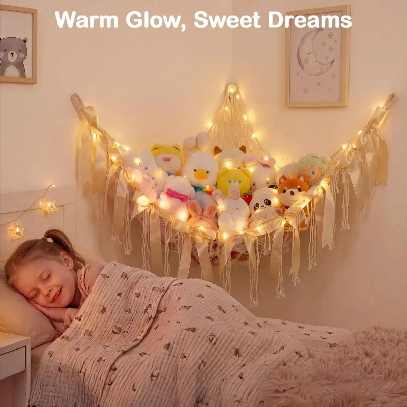Large Toy Hammock Net Organizer Bohemian Tassel Bow Stuffed Animal Hammocks Wall Corner Hanging Storage Mesh Home Decoration