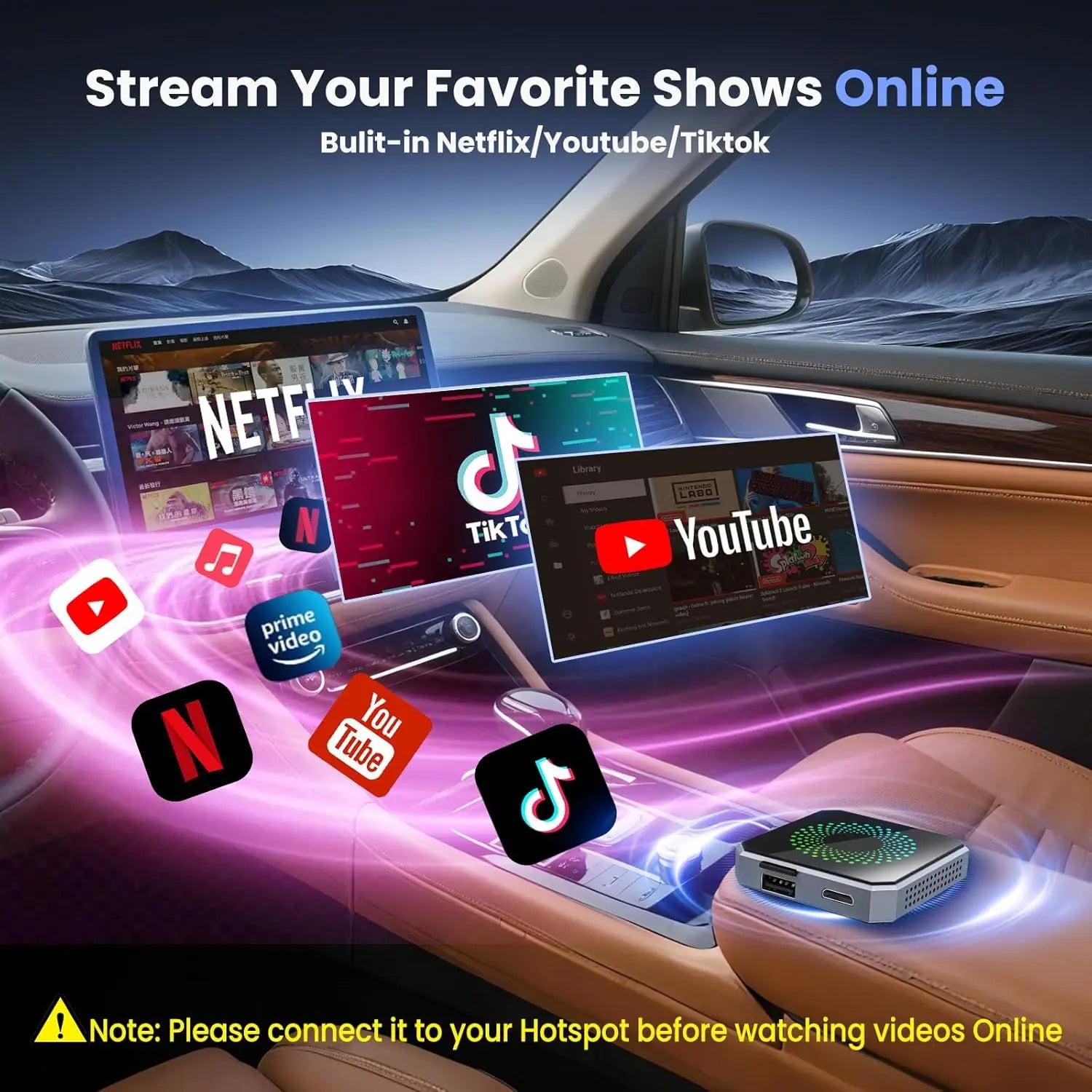 Wireless CarPlay and Android Auto adapters, compatible with Netflix and YouTube. The CarPlay AI box comes with USB-A and USB-C cables, suitable for iPhone and Android devices, converting a wired connection to wireless CarPlay