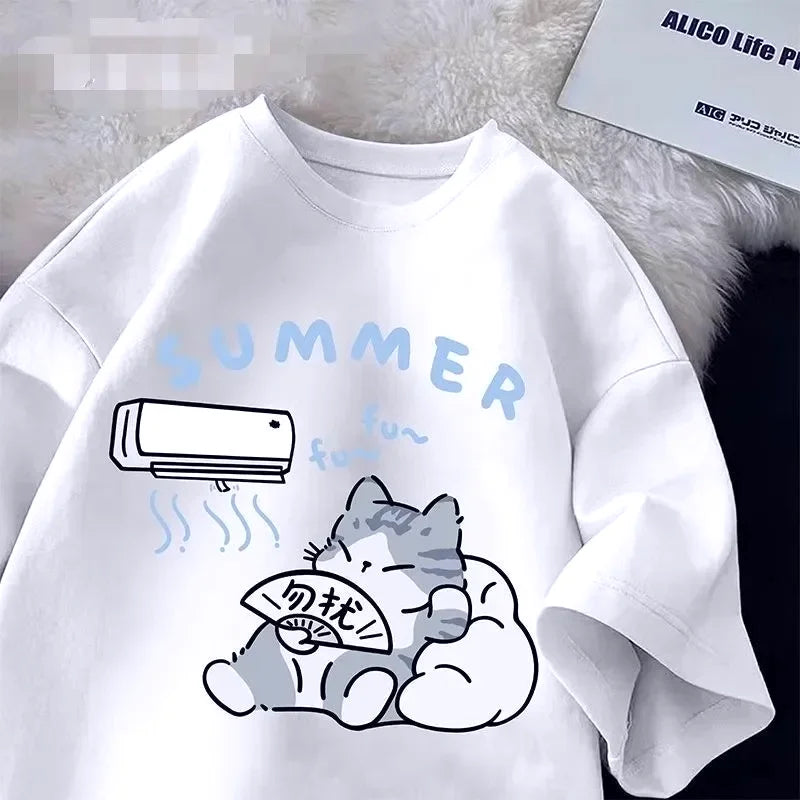 Plus Size Summer Japanese Cartoon Cute Cat Fun Print Short Sleeve T-shirt Women's Loose Casual Half Sleeve Soft Bottom Shirt Top