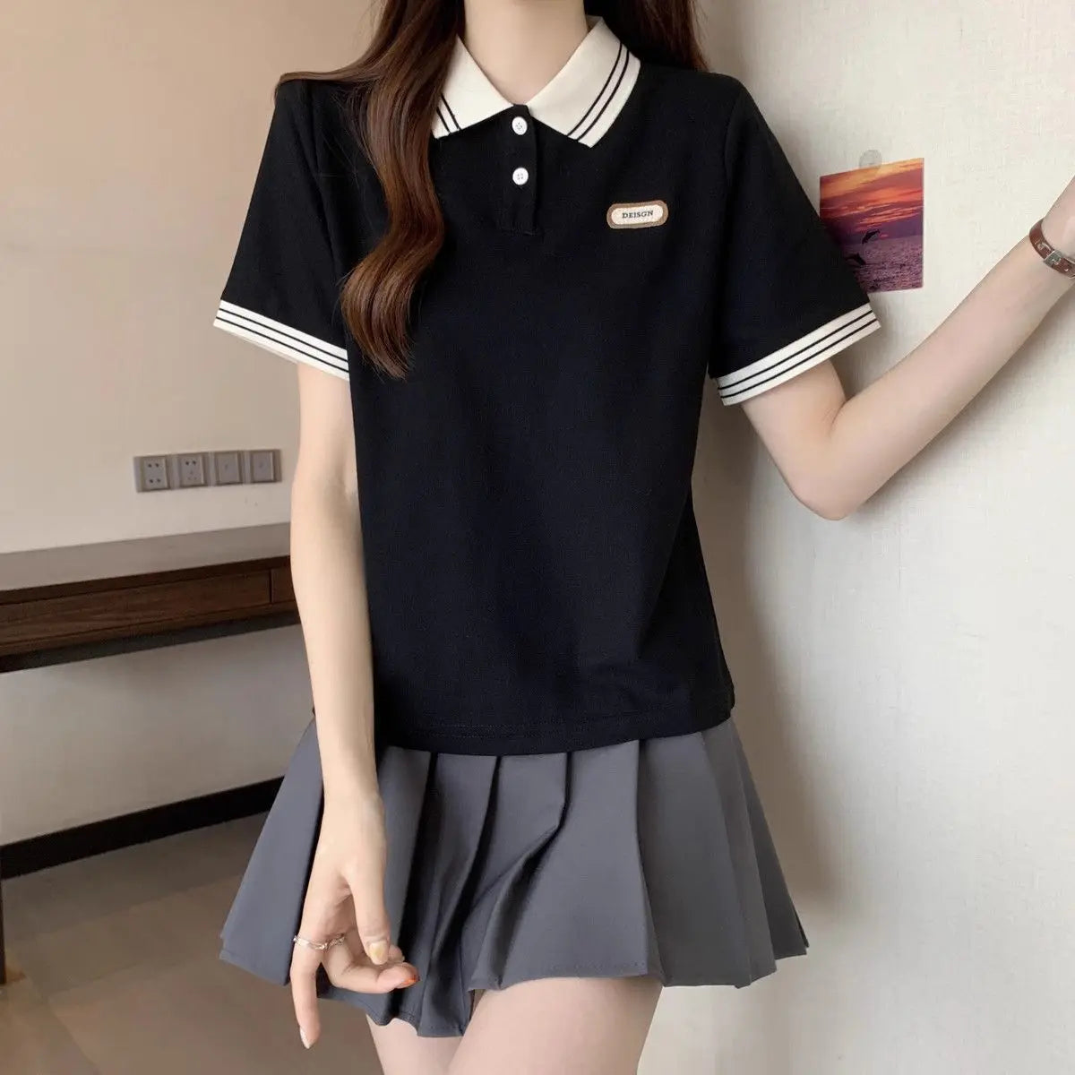 Summer Plus Size Women's New Arrival Color-Block College Style Loose Slimming Hiding Flesh Collar Short Sleeve T-Shirt