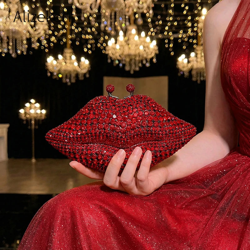 Alizekerr Lips Shaped Diamond Evening Bags Women Gorgeous Boutique Unique Rhinestone Metallic Purses And Handbags Wedding Party