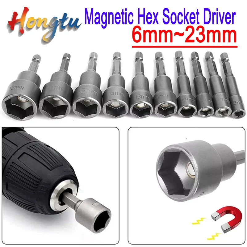 Hongtu 1Pcs Magnetic Hex Socket Driver - Chromium-Vanadium Steel, Hex Shank, Impact-Ready, 6~23mm Nut Socket Wrench Bit