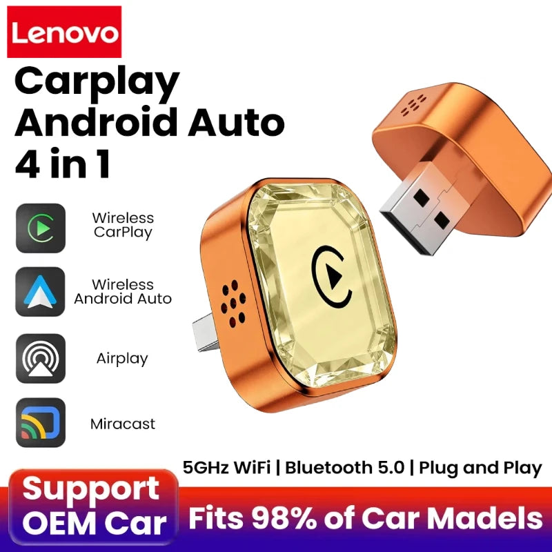Lenovo Upgrade 4-in-1 Wireless Carplay Mirror Link Adapter Wired to Wireless Android Auto Plug & Play WIFI For Wired Carplay