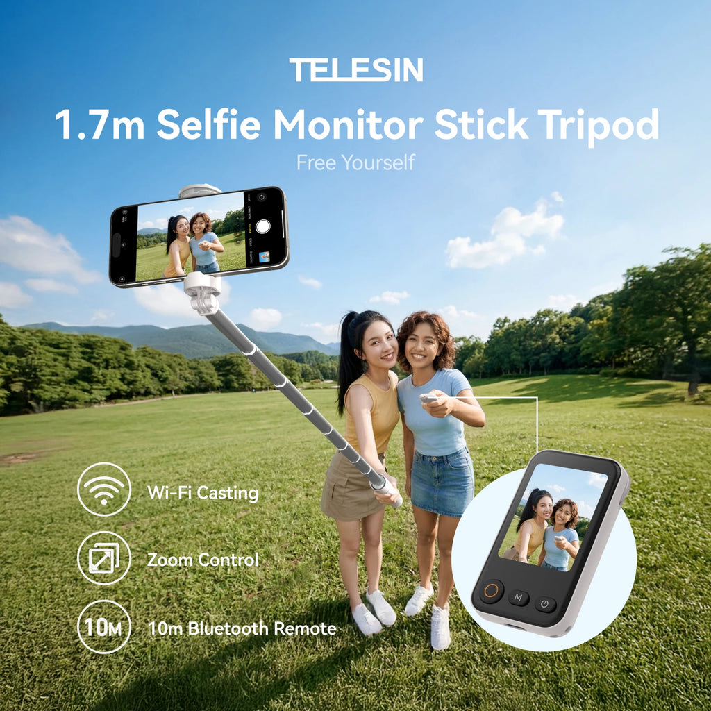 TELESIN 1.7M Screen Monitor Remote Control Wireless Bluetooth Selfie Stick Tripod For Smart Phone Iphone SAMSUNG XIAOMI HUAWEI