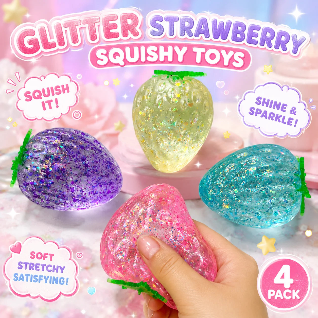 Glitter Maltose Strawberry Squishy Toy Transparent Sparkle Squeeze Fidget Toy Stress Relief Fruit Decompression Toy Kids Gift