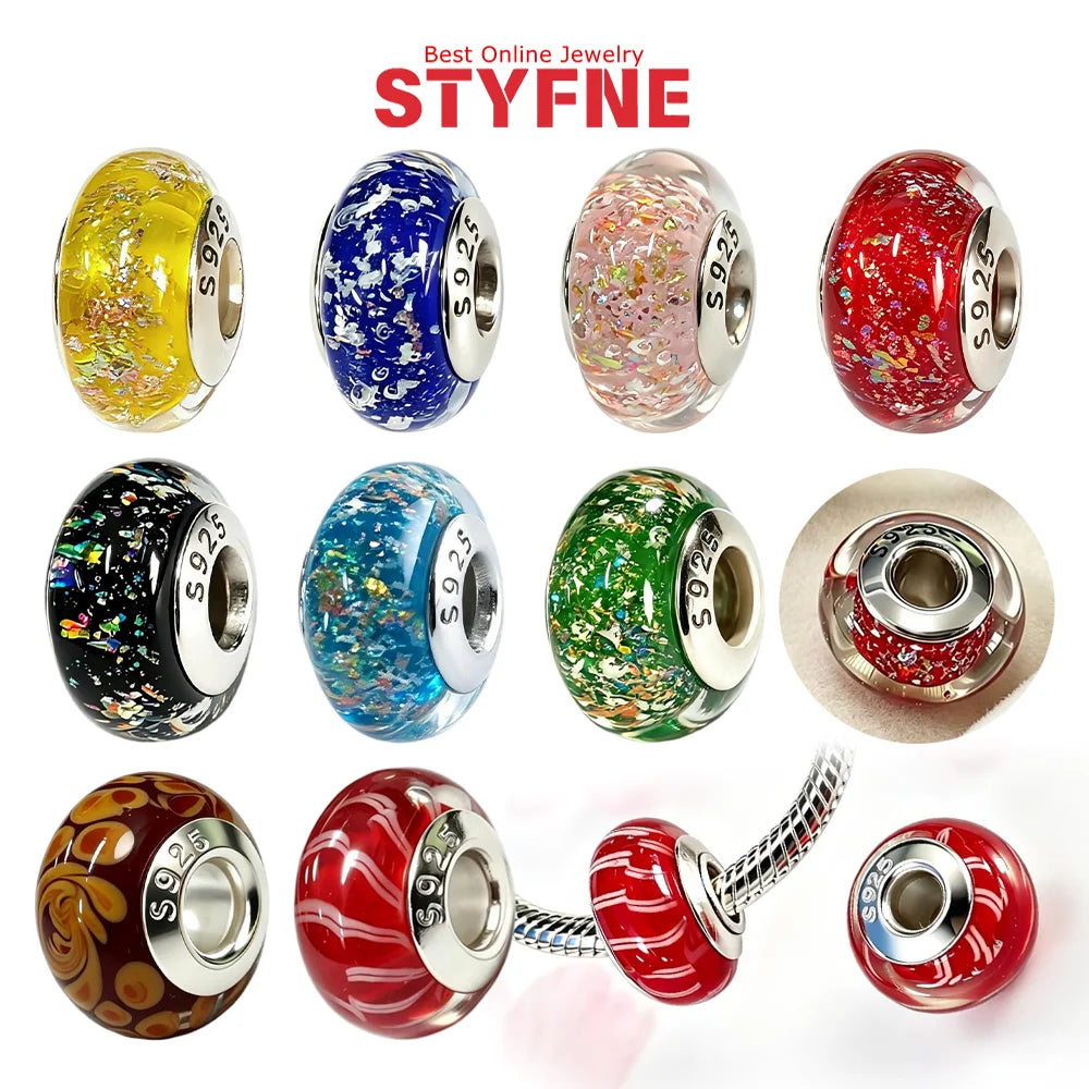 Silver-Plated Red White Stripe Glass Charms Beads Fit Original Bracelet Bag Keychain Charms Beads Pendant Diy Women Jewelry Gift