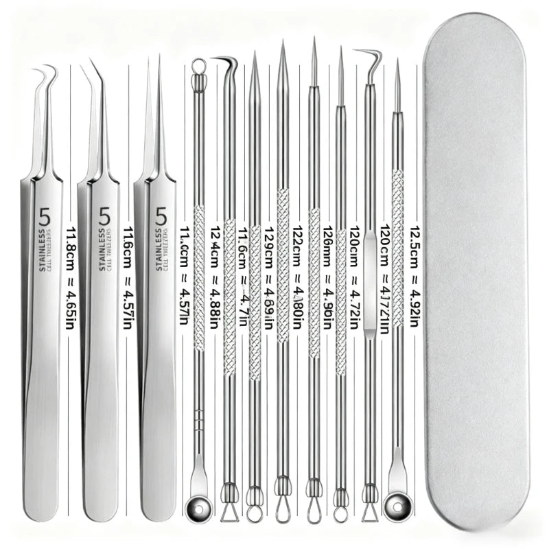 11pcs Stainless Steel acne needle Blackhead And Pimple Removal Tool,Professional Extractor Kit With Portable Case,Beauty Tools