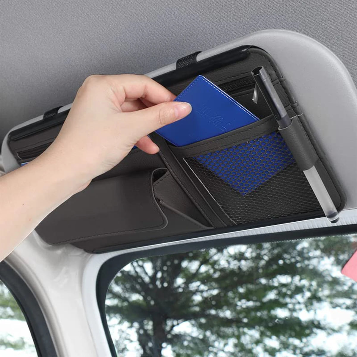 Multi-Pocket Car Sun Visor Organizer, Hanging Holder for Cards, Phones, Glasses and Pens to Store Small Vehicle Belongings