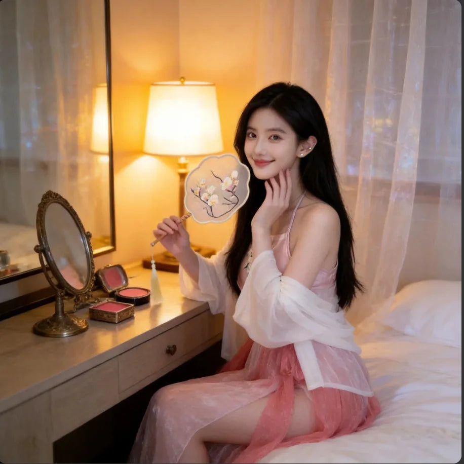Ancient Hanfu Republic Style Lace Up Embroidered Nightgown Set with Bellyband T-pants See Through Skirt Sexy Lingerie for Women