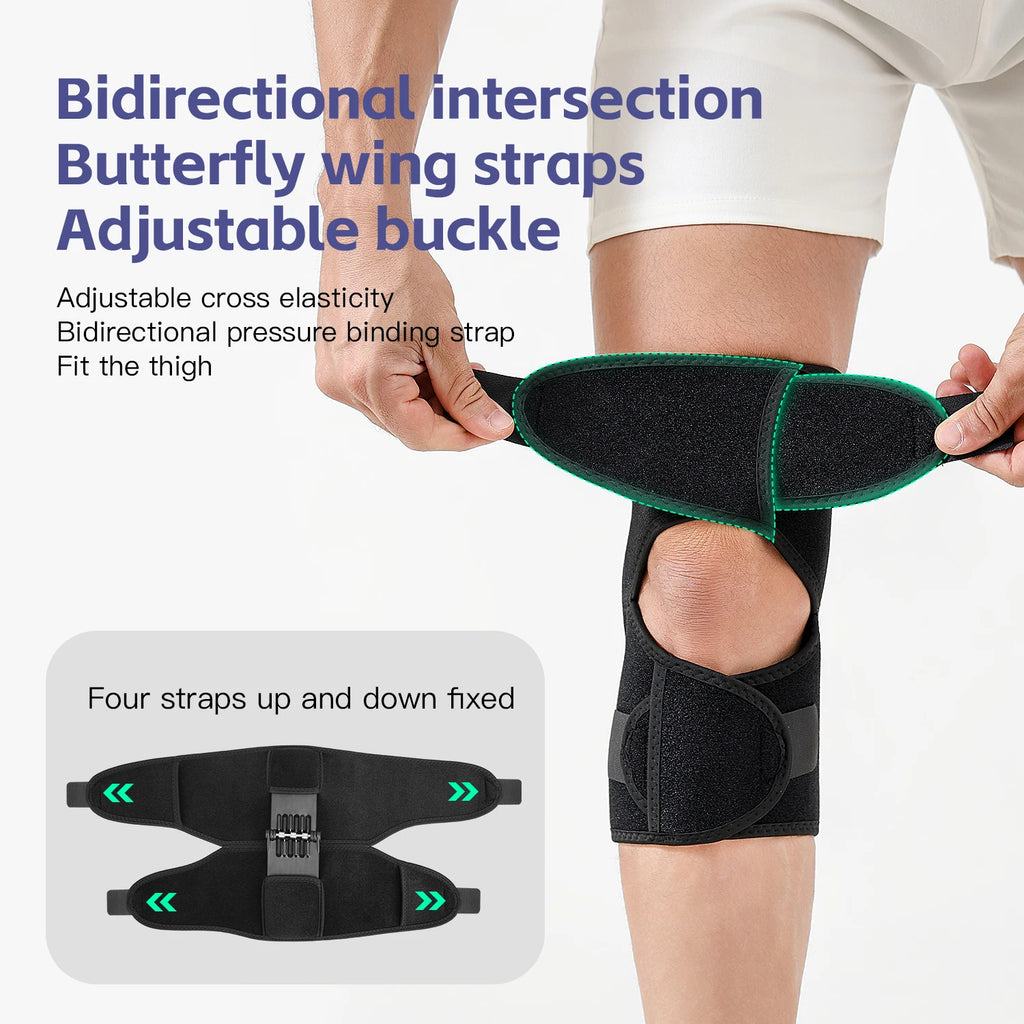 Adjustable Power Knee Support Brace with Four Fixing Straps, Spring Loaded Knee Booster for Elderly, Mountaineering, Heavy Lifti
