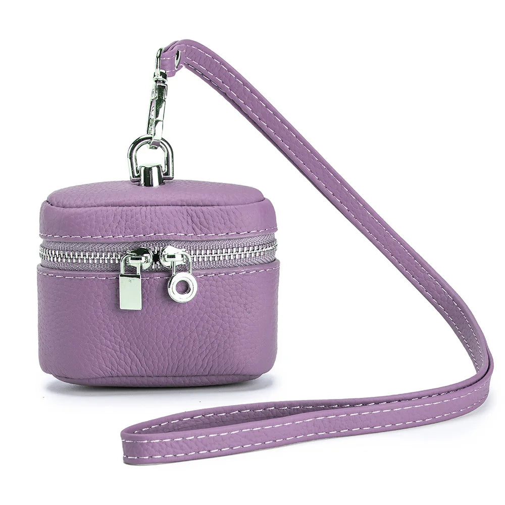 Top-Grain Leather Mini Coin Purse Ins Style - Portable Neck-Hanging Lipstick Makeup Bag & Real Leather Earphone Pouch for Wome