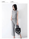 2025 Summer New Smile Face Bucket Straw Woven Handbag Kawaii Small Beach Bag City Simple Style Double Strap Drawstring Closure