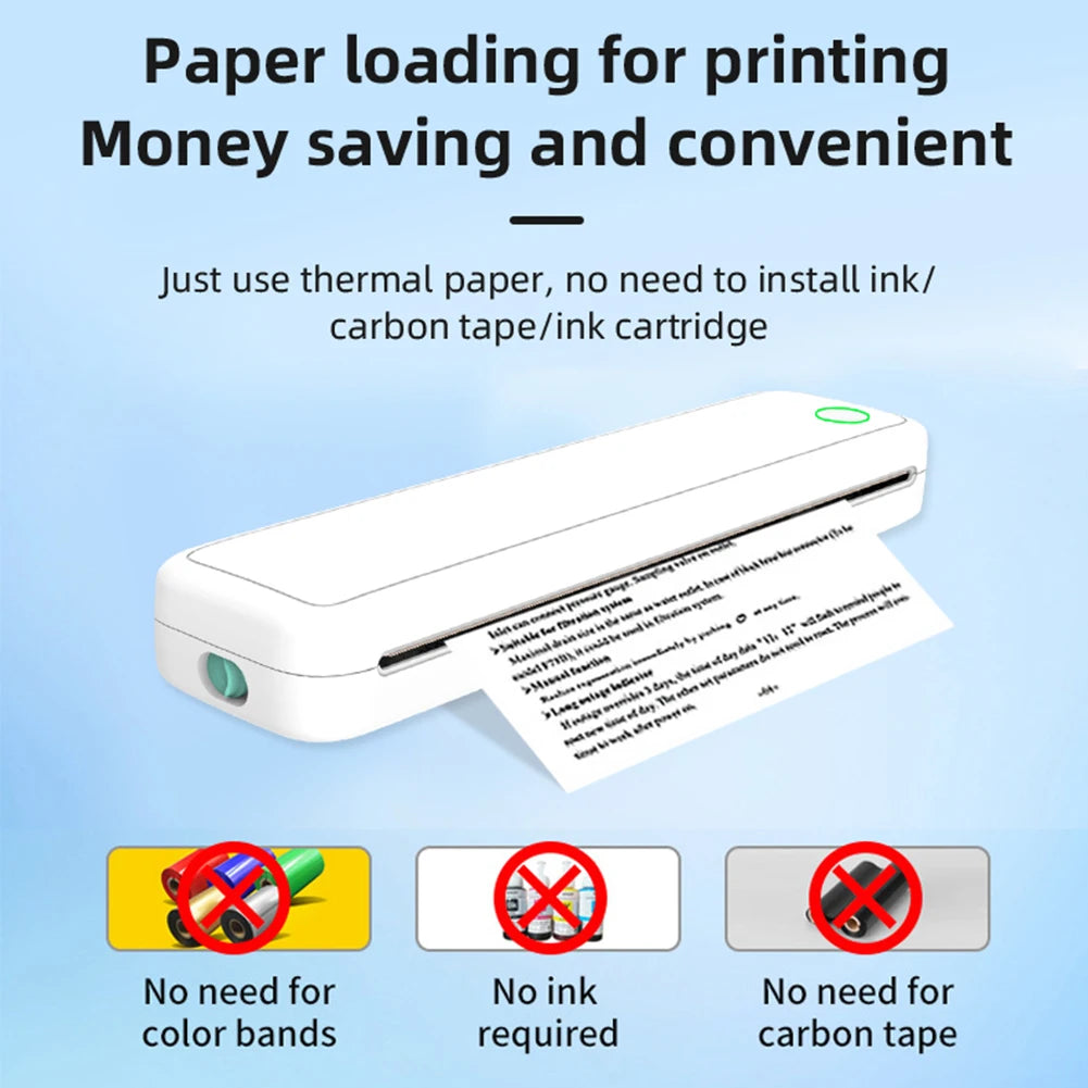 New Portable Mini A4 Printer No Ink Printing A4 Thermal Printer for Phone PC Tattoo Transfer Printer or 5PK Thermal Paper Rolls